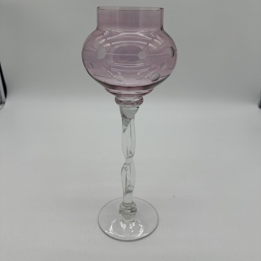 Glass Candle Holder Etched Polka Dot Twisted Stem Purple Clear 13.5 in